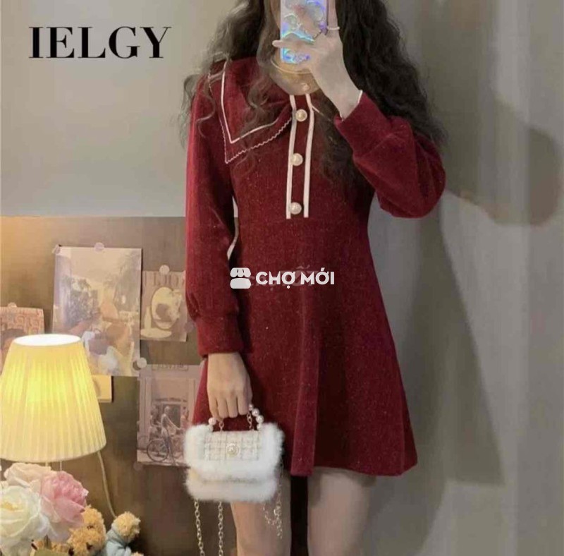 Váy len xoè cổ nơ đỏ rượu