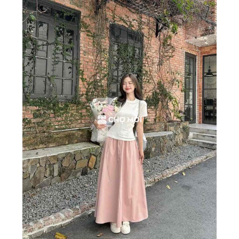 Chân Váy Hồng Kaki Dáng Dài xếp ly chưa mặc new