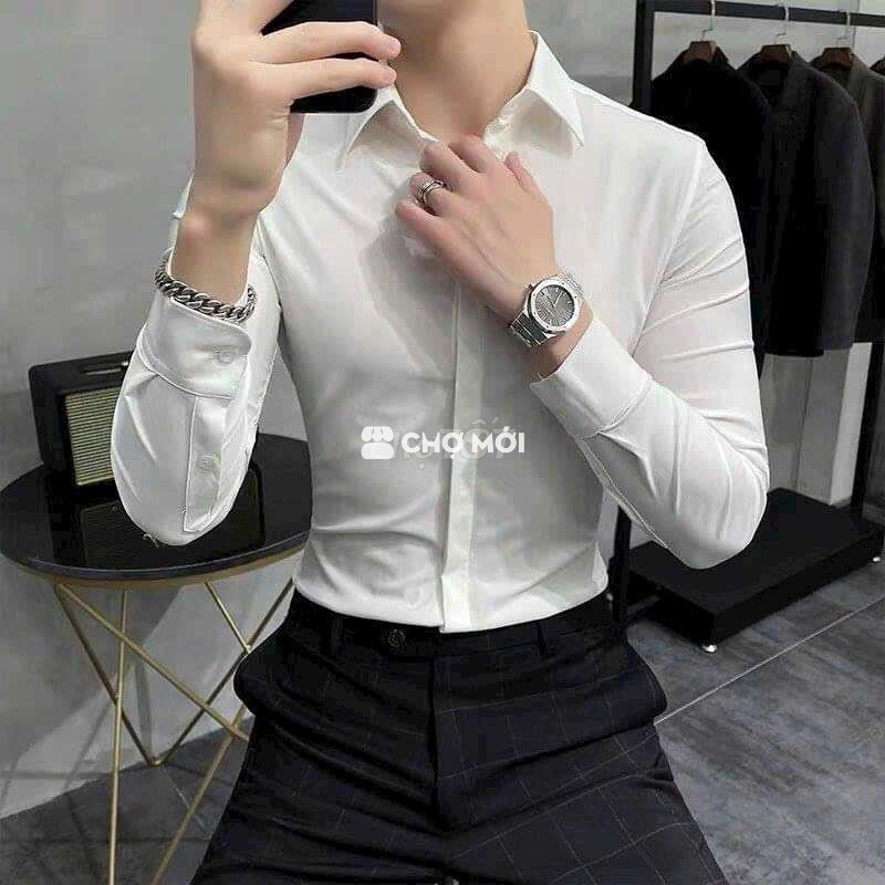 Áo sơ mi nam giấu cúc vải chéo co giãn