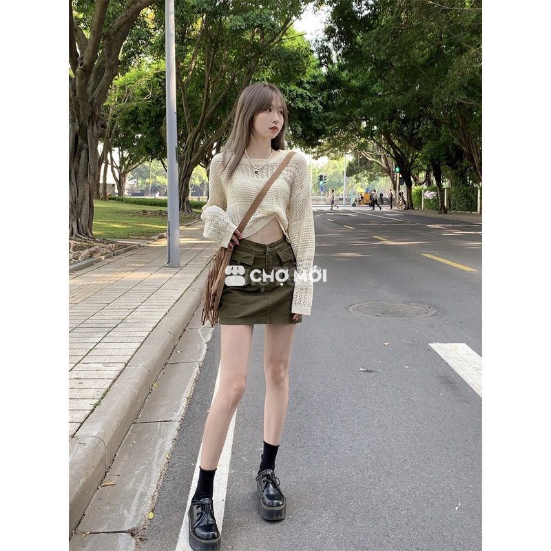 Chân váy túi hộp xanh rêu size S