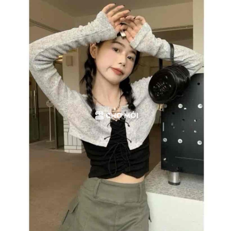 Set áo croptop mỏng đan dây mix áo 2 dây rúm giữa