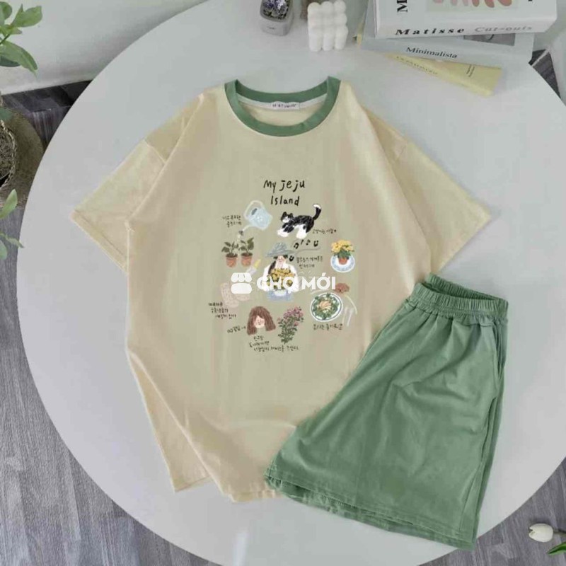 Đồ bộ nữ đùi màu matcha kem