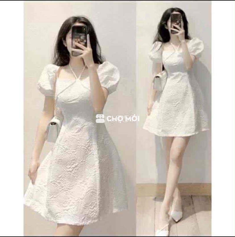 váy trắng vải gấm xốp - tay bồng tiểu thư