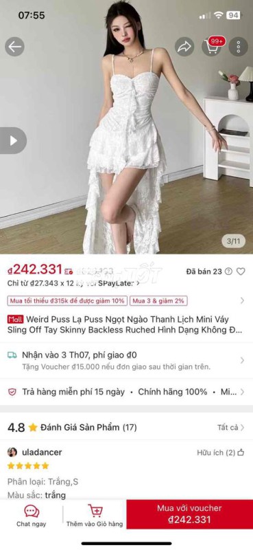 váy trắng ren xẻ tà size S mặc 1 lần