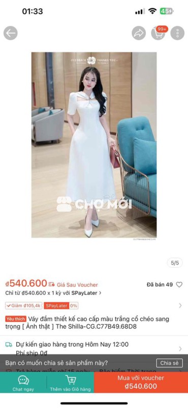 Váy đầm thiết kế cao cấp màu trắng cổ chéo