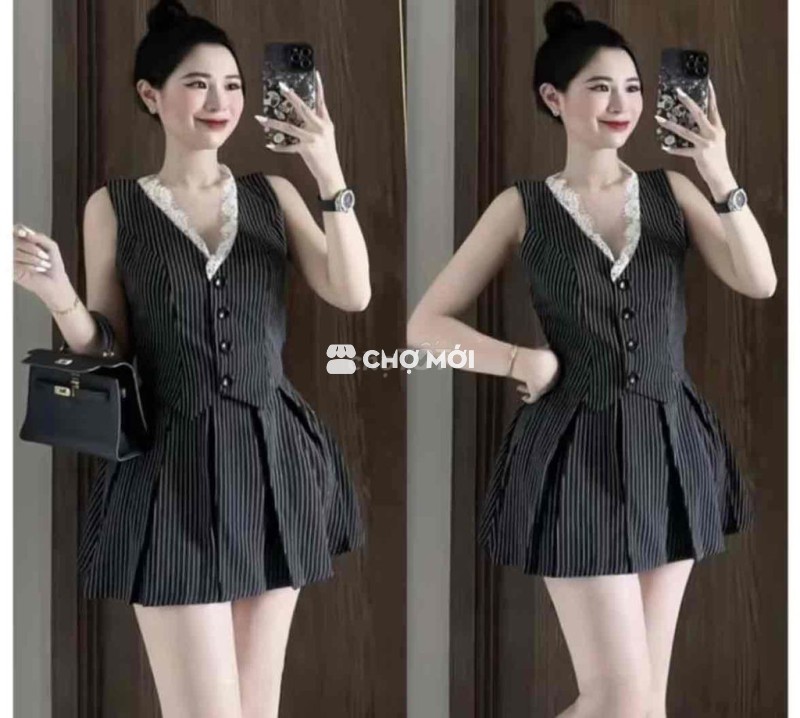 Set váy áo ba lỗ kẻ sọc