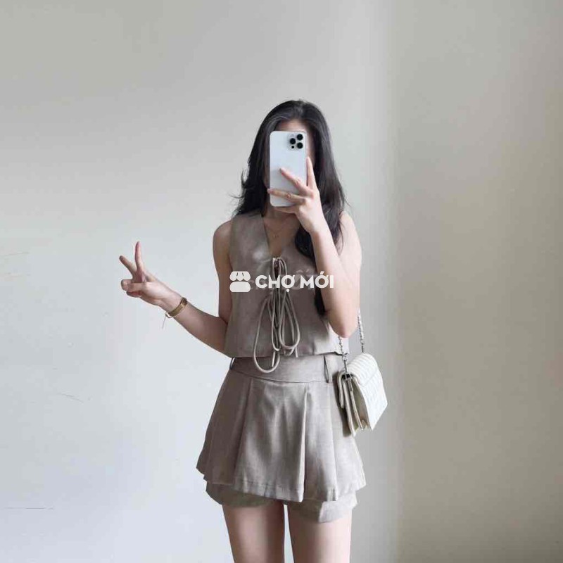 Set chân váy+Áo sát nách buộc nơ / Màu nâu (M)