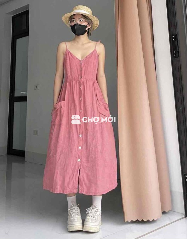 Đầm dây linen hồng đất – Freesize, xinh xắn khỏi c