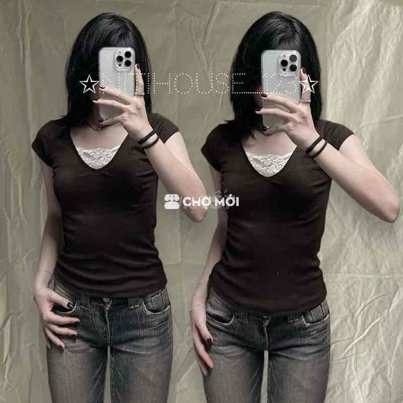 Áo body ôm cổ V viền ren tay ngắn NÂU