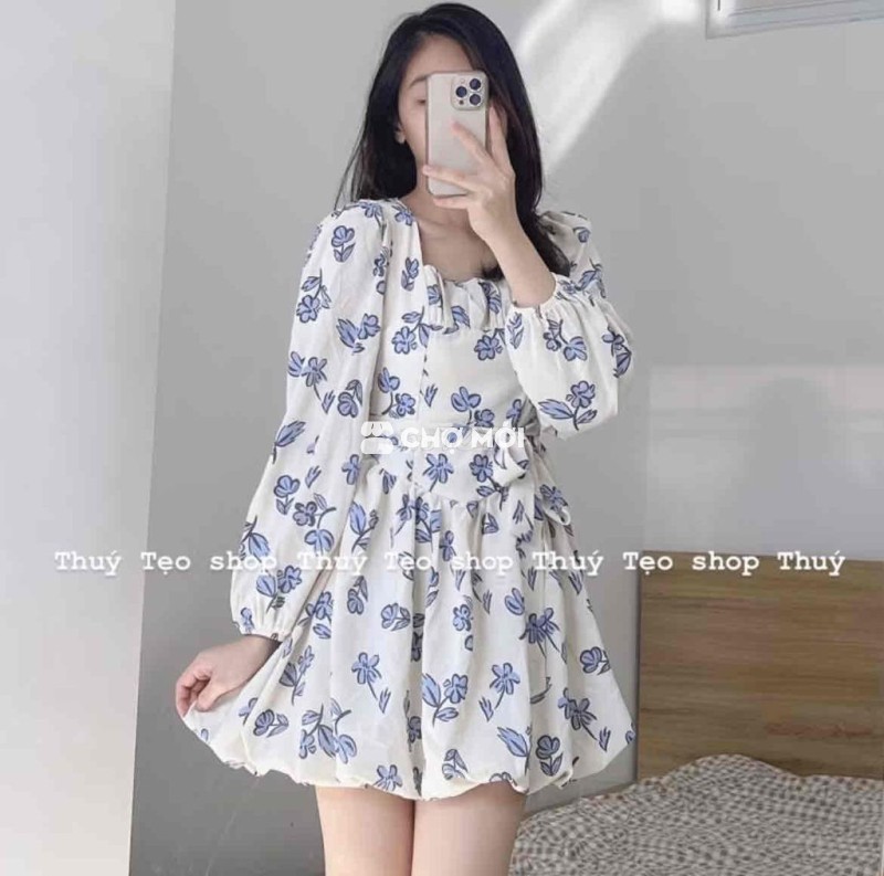 Váy hoa nhí dài tay hoa xanh xoè bồnh