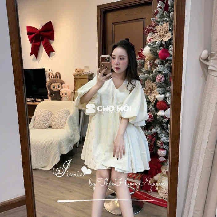 Váy lụa hoạ tiết babydoll tay phồng dáng xoè