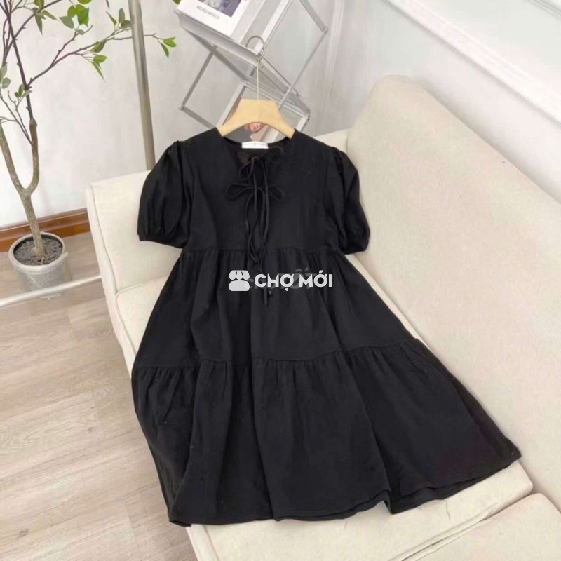 Váy Babydoll Nơ Ngực Tay Bồng Dễ Thương