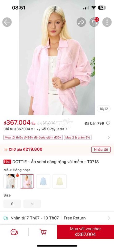 Áo sơ mo Dottie màu hồng size S