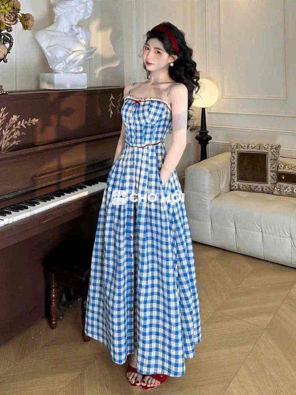 Đầm maxi caro xanh QCCC, đủ size