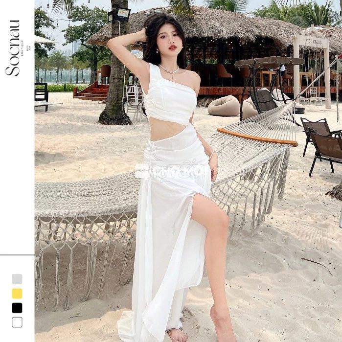 Đầm Maxi Lệch Vai Khoét Eo - Mới