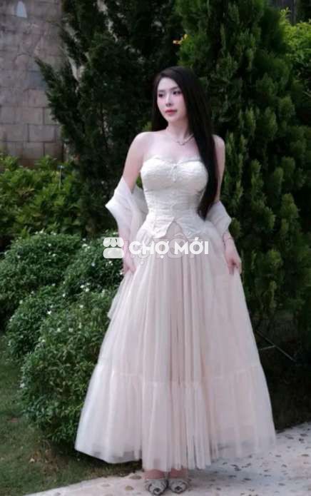 Set 3 món áo cúp ngực váy bồng xòe màu kem