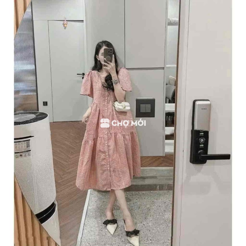 Váy bầu Đầm bầu công sở tay cộc, sọc hồng xinh, ch