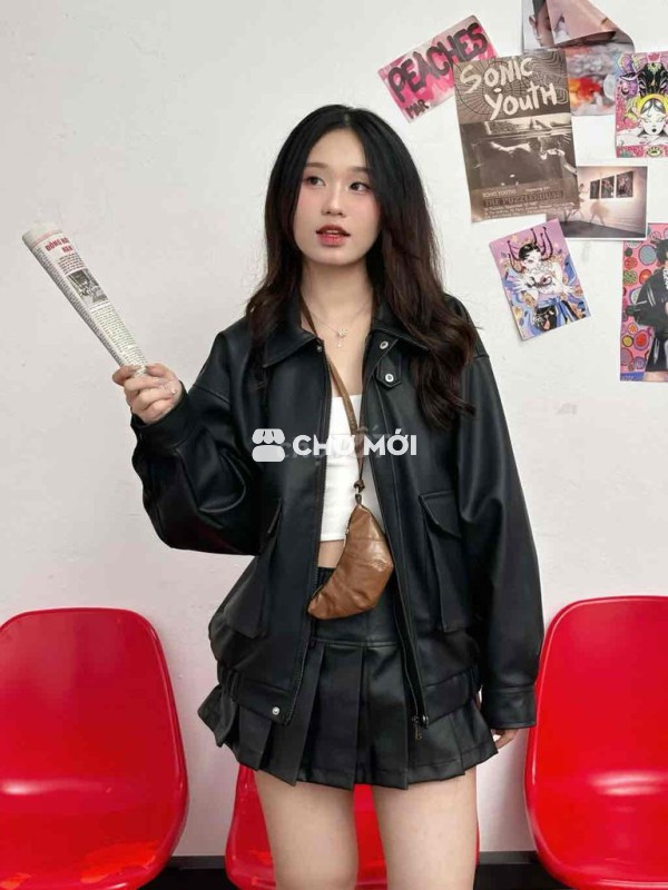 ÁO KHOÁC DA MÀU ĐEN PREMIUM SIZE S