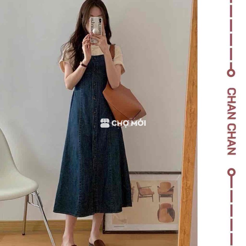 Váy yếm Jean xanh đậm nữ
