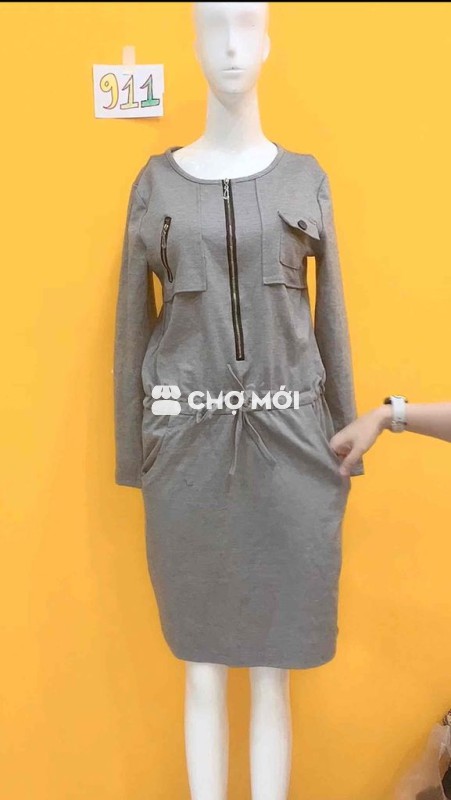 đầm thun xám body dày dặn thu đông rút eo.S911