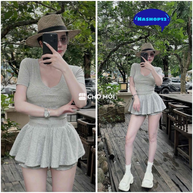 Set áo cổ tim trơn kèm chân váy xòe chất borip xịn