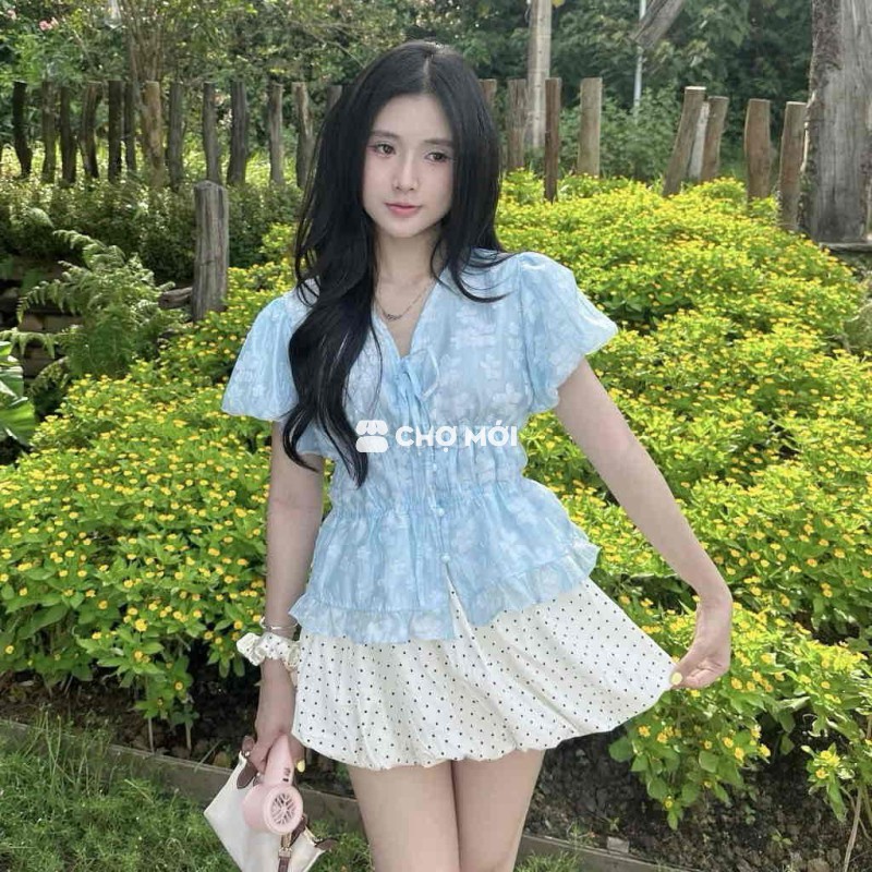 Áo Babydoll NARIA cổ V phối hoa - Havana