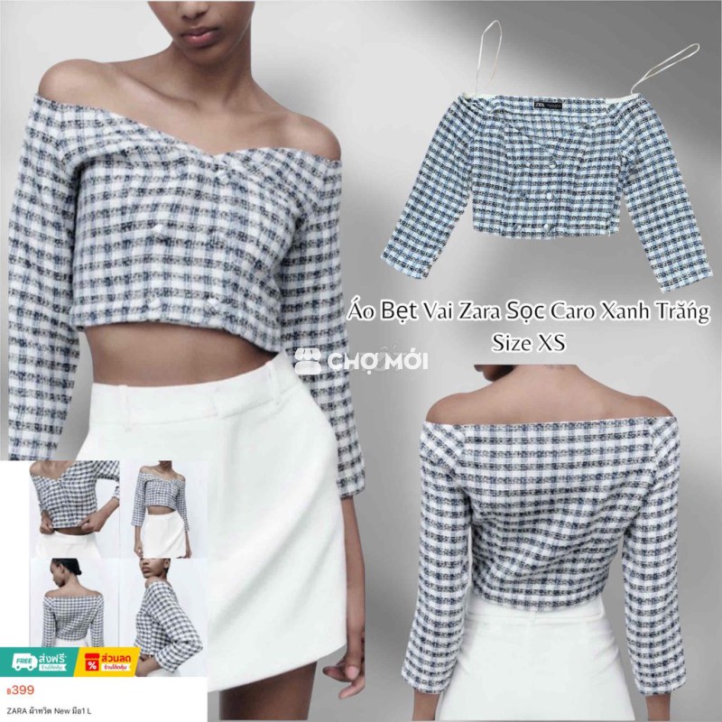 Áo Bẹt Vai Chất Dạ Sọc Caro Zara