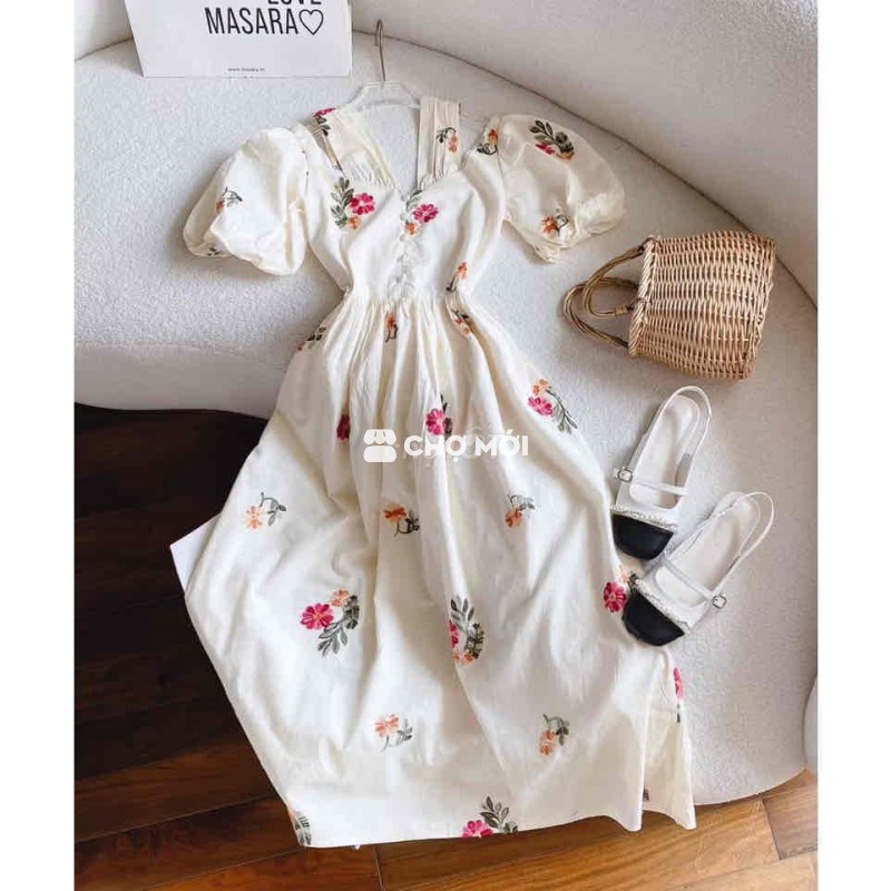 Váy Nữ Dáng Dài Vintage, Váy Thô Thêu Nữ Tay Bồng