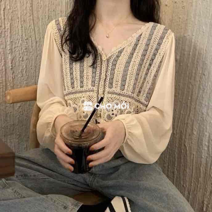 (2hand) Áo Len Đan Móc Phối Voan Dài Tay