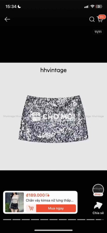 Chân váy cạp thấp lấp lánh ánh bạc size L