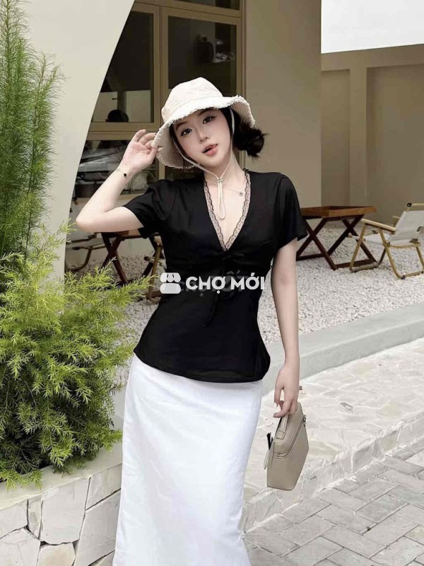 Áo Kiểu Linen Xinh Nữ Cổ V Phối Viền Ren
