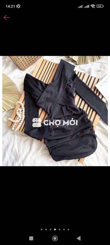 Áo kiểu trễ vai nữ vải gân màu đen