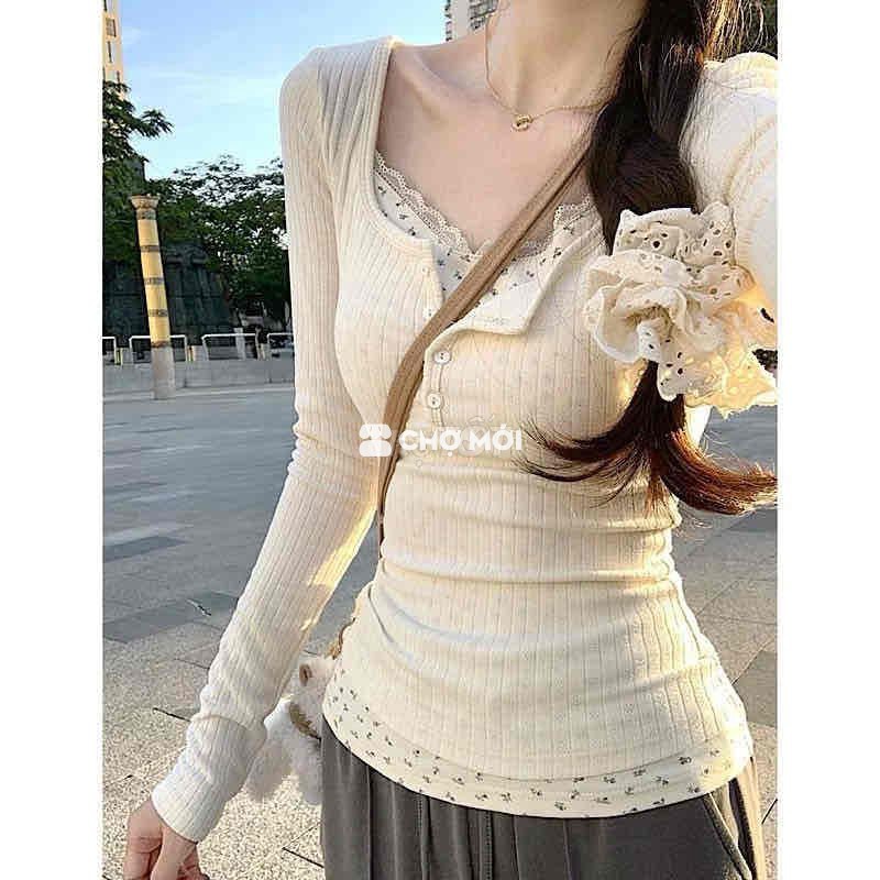 (2hand) Áo thun dài tay ren hoa