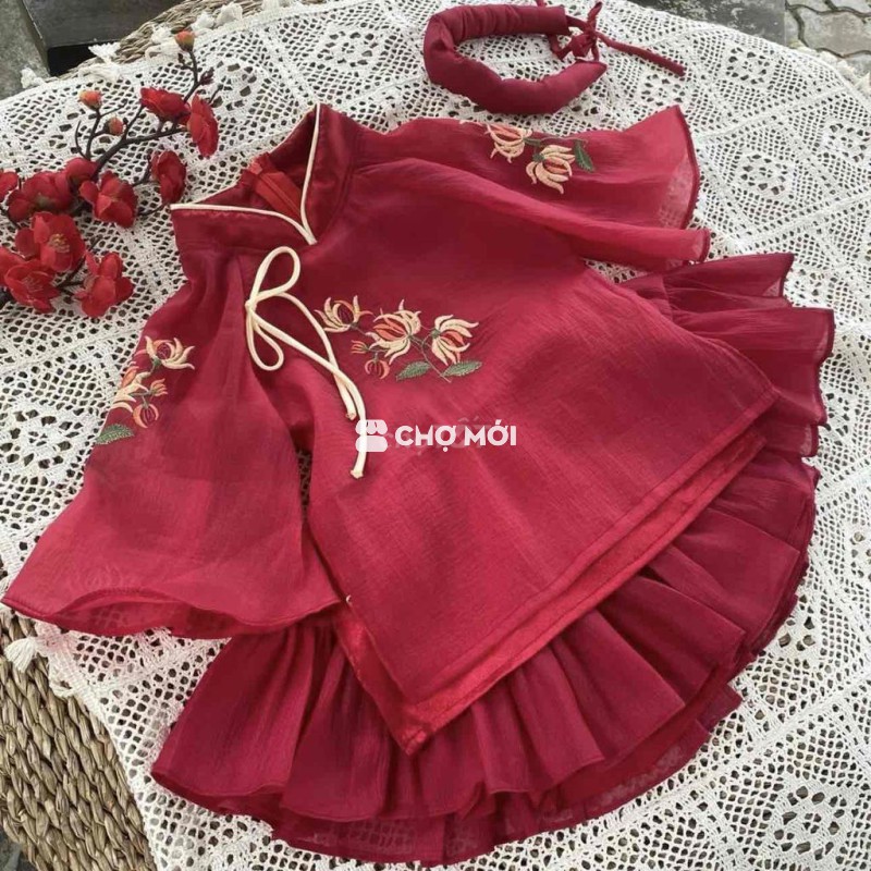 Set Áo Dài + Chân Váy Xoè Đỏ Cho Bé Gái