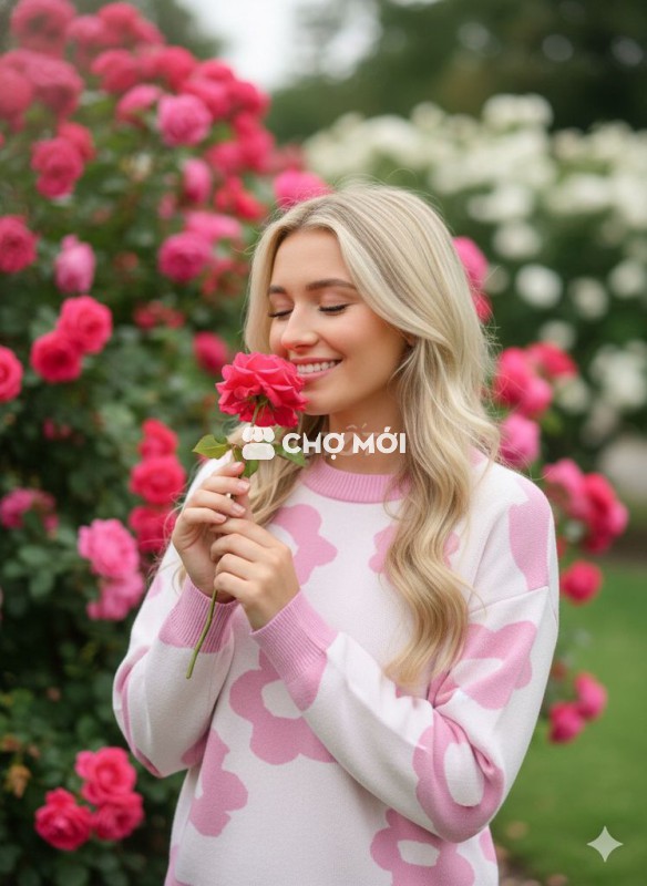 🌸 Pink Flower Sweater | Áo len hoa hồng M