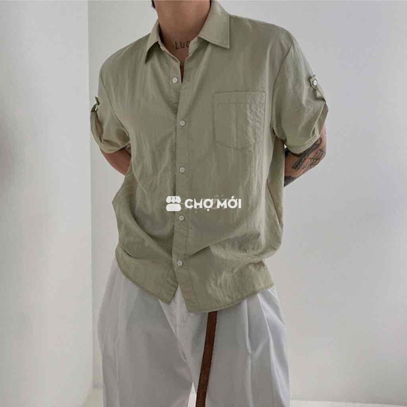 Áo Sơ Mi Ngắn Tay Vải Thô Khuy Tay Hàn Quốc Casual