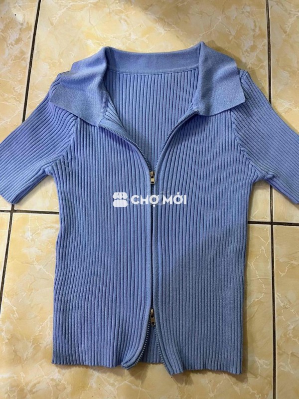 Áo len gân cổ bẻ khóa kéo 2 đầu freesize