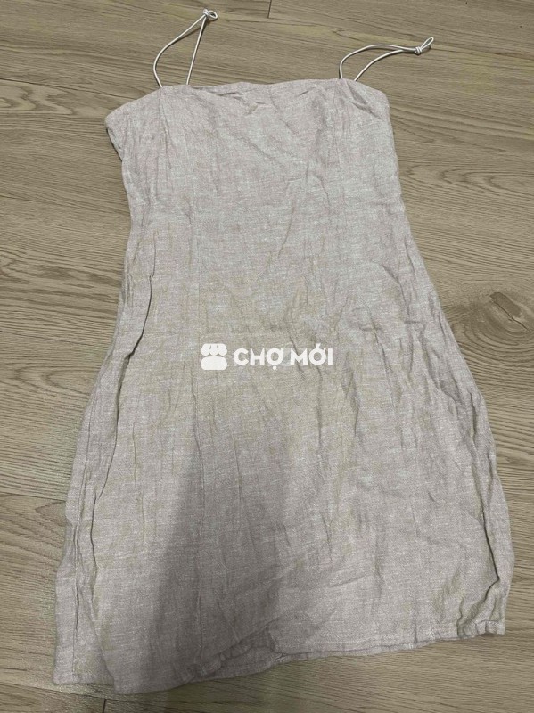 Đầm hai dây nữ vải lanh màu be dáng suông