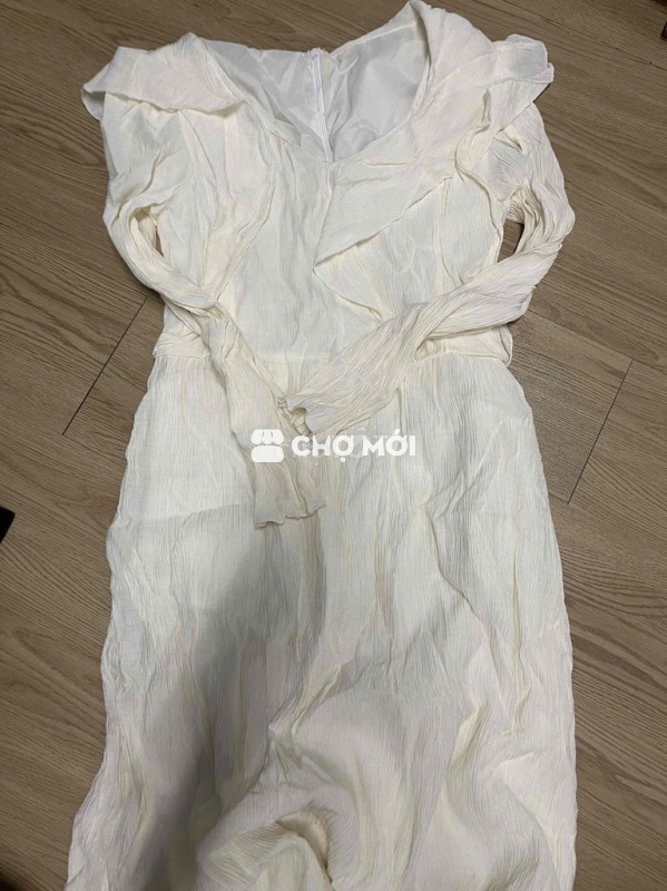 Đầm dài nữ trắng kem vải nhăn thanh lịch