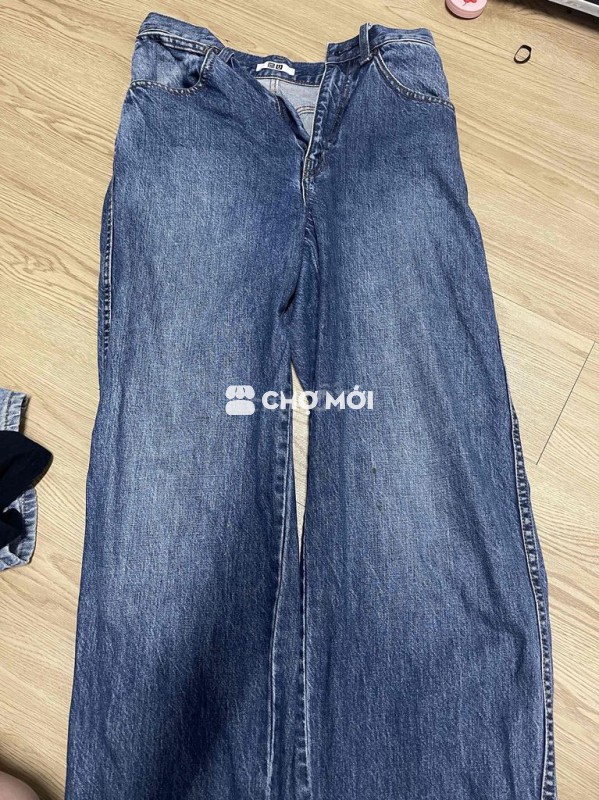 Quần jean ống rộng nữ màu xanh denim