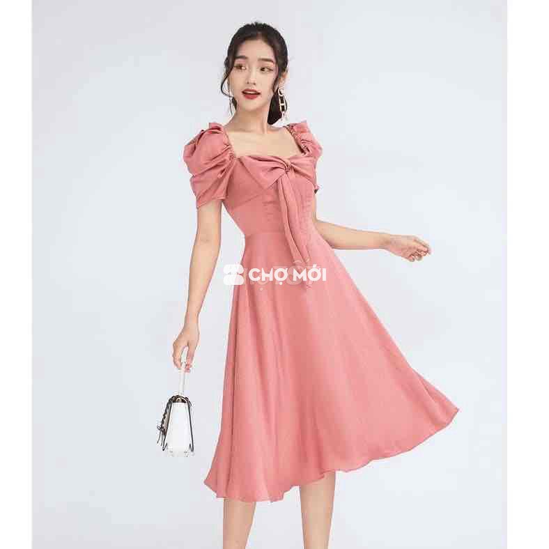 Đầm nữ cổ vuông tay phồng màu hồng đào