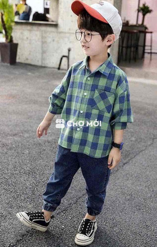 Áo sơ mi kẻ caro trẻ em, Tay dài, Họa tiết caro, Á