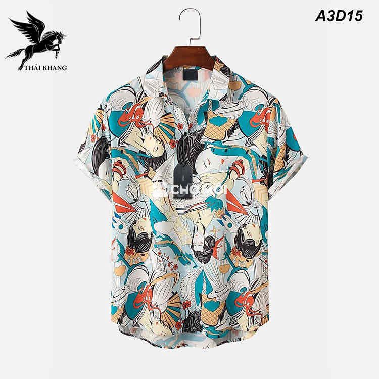 Áo sơmi nam ngắn tay in hình geisha Nhật vải lụa m
