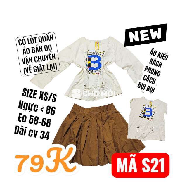 Set bộ áo kiểu rách kèm chân váy xếp ly bụi bụi