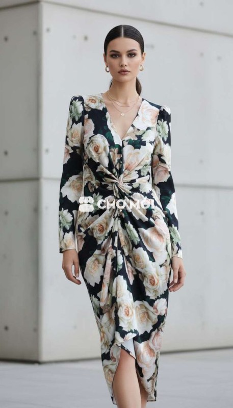 Váy SIXDO Nữ Đen họa tiết hoa