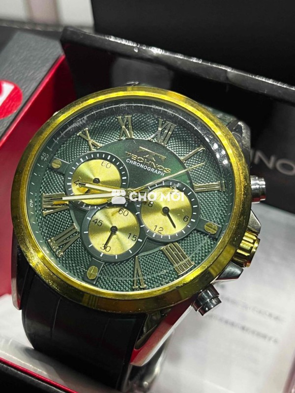TECHNOS Chronograph dây Da Đen