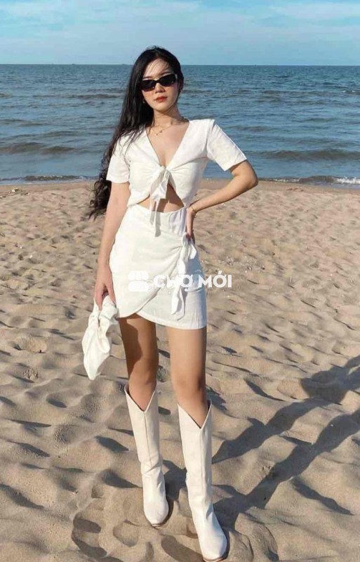 Đầm đi biển linen trắng branch Chushopee size S
