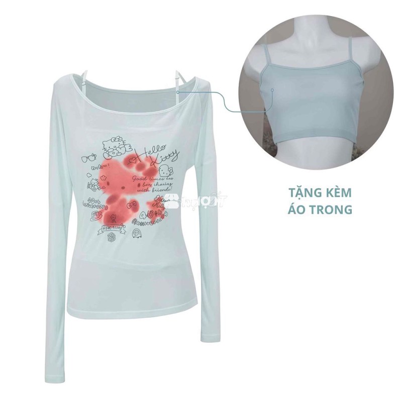 Áo thun trễ vai xuyên thấu hình Hello Kitty