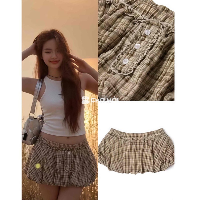 Chân váy bí kẻ caro nâu dáng phồng