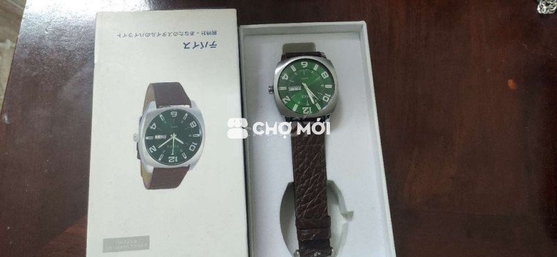 Đồng hồ Quartz dây Da Nâu mặt Xanh lá